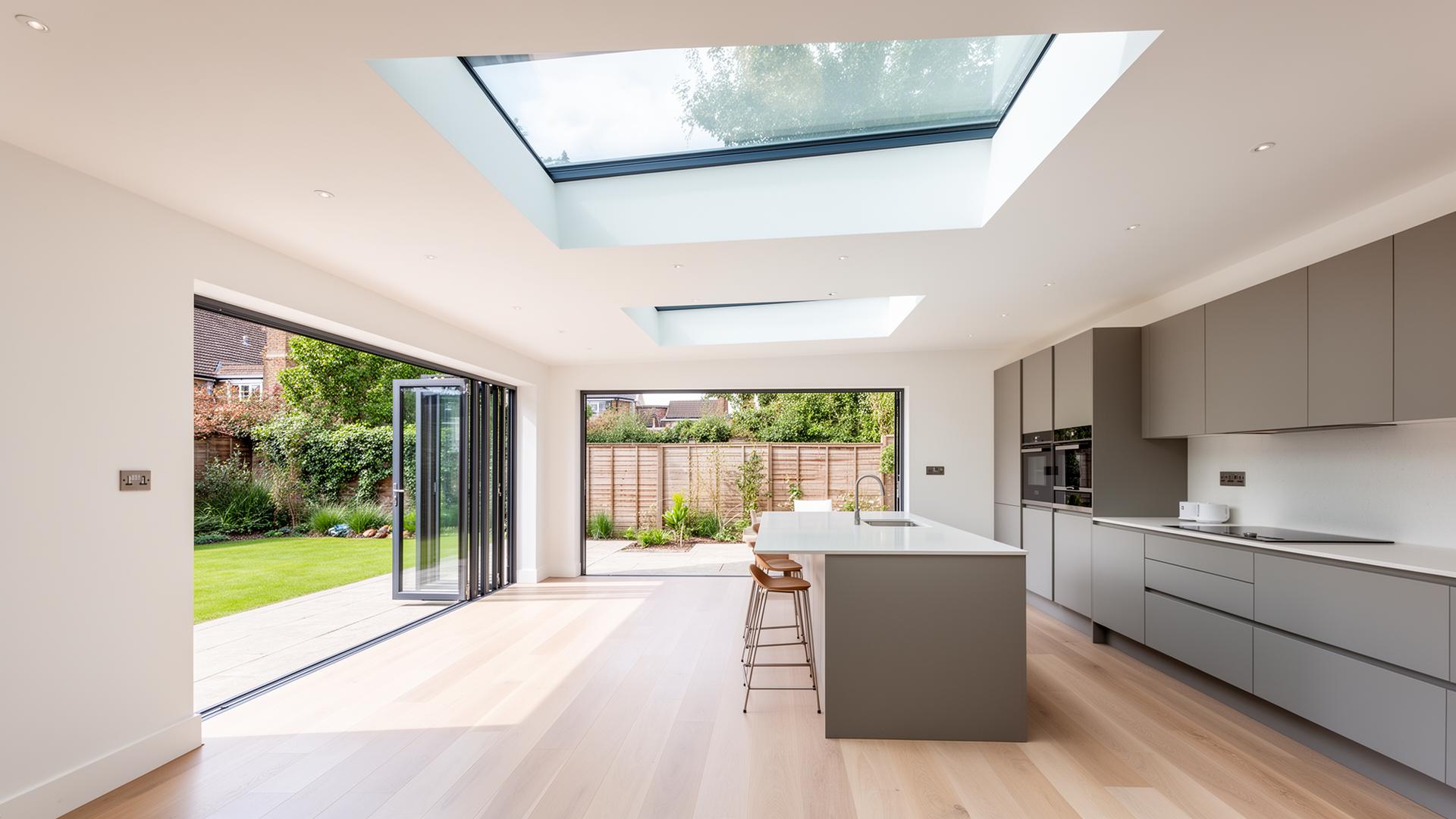 Open kitchen with skylights and garden doors